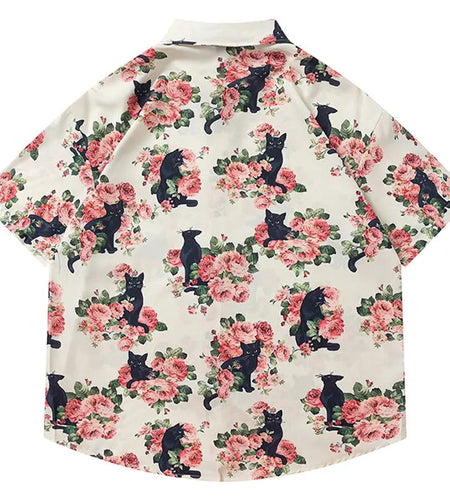 Men Oversized Hawaiian Shirts Black Cat Floral Graphic Print Button Up Blouse 2024 Harajuku Loose Short Sleeve Summer Beach Tops