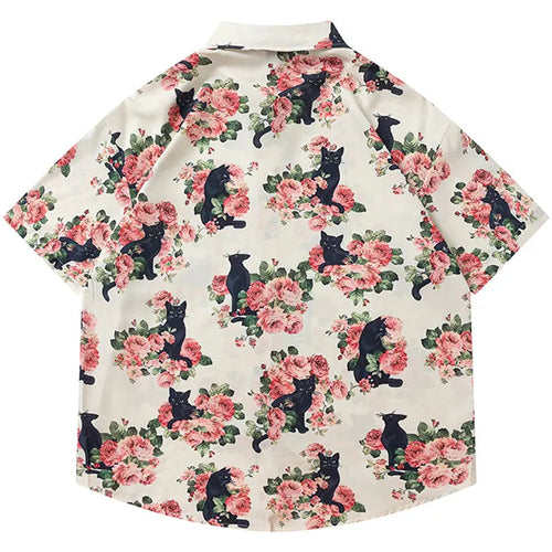 Men Oversized Hawaiian Shirts Black Cat Floral Graphic Print Button Up Blouse 2024 Harajuku Loose Short Sleeve Summer Beach Tops