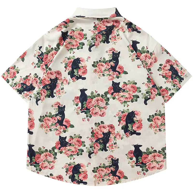 Men Oversized Hawaiian Shirts Black Cat Floral Graphic Print Button Up Blouse 2024 Harajuku Loose Short Sleeve Summer Beach Tops