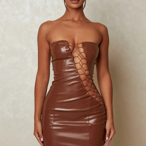 Load image into Gallery viewer, Hollow Out PU Leather Sexy Mini Dresses For Women Strapless Sleeveless Backless Bodycon Party Short Dress Vestido
