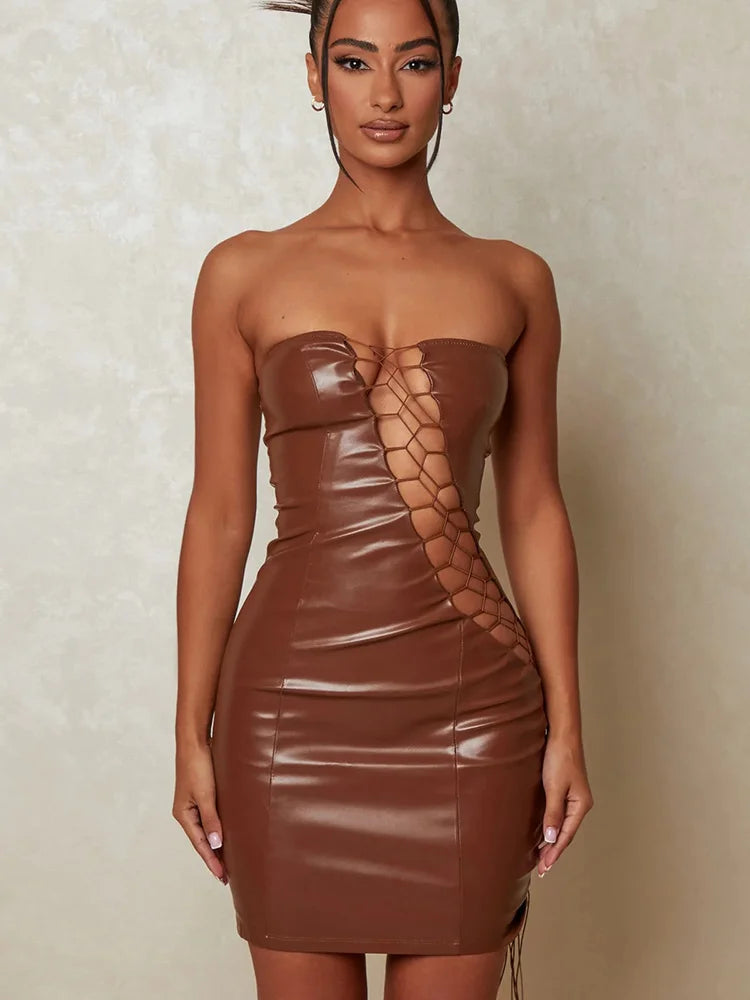 Hollow Out PU Leather Sexy Mini Dresses For Women Strapless Sleeveless Backless Bodycon Party Short Dress Vestido