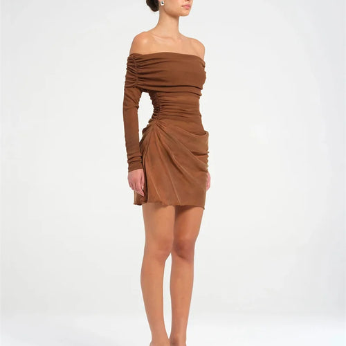 Load image into Gallery viewer, Hollow Out Off-shoulder Sexy Mini Dress Women Fashion Patchwork Strapless Long Sleeve Backless Ruched Club Dress
