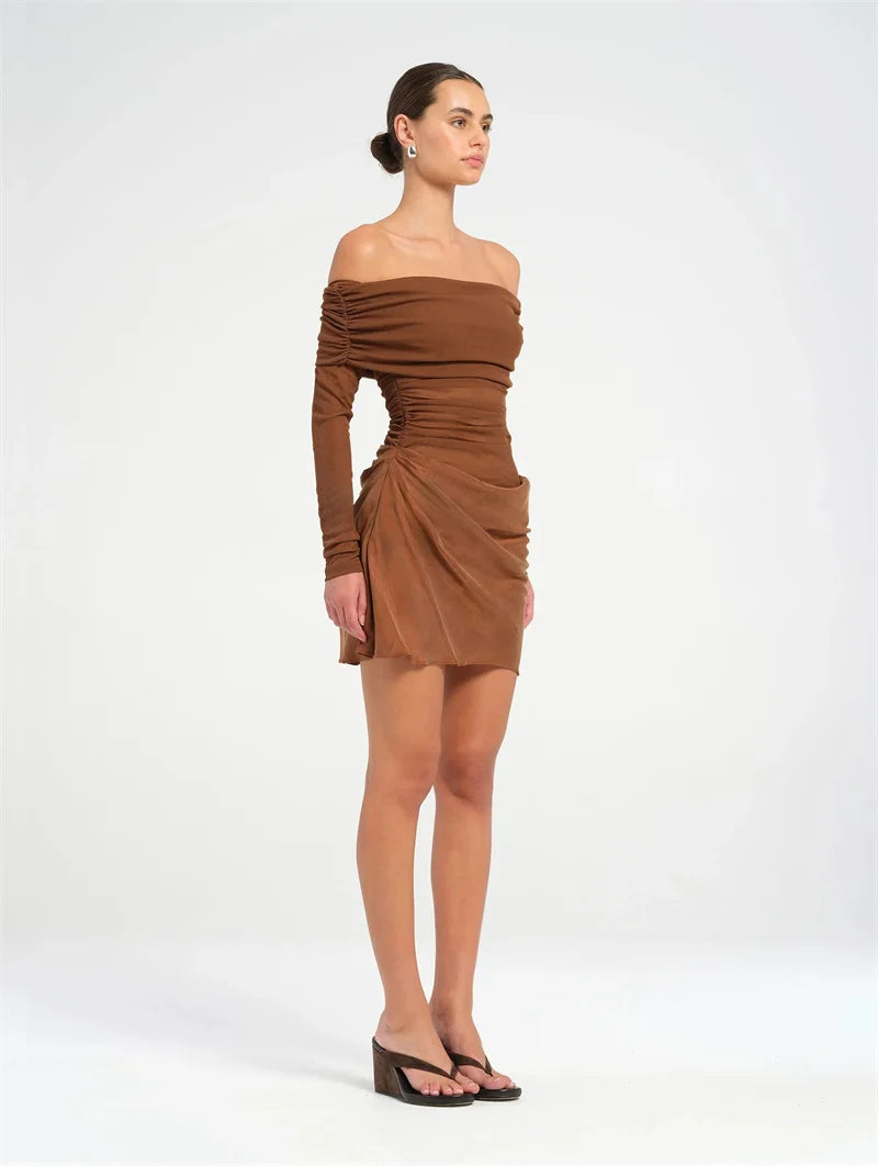 Hollow Out Off-shoulder Sexy Mini Dress Women Fashion Patchwork Strapless Long Sleeve Backless Ruched Club Dress