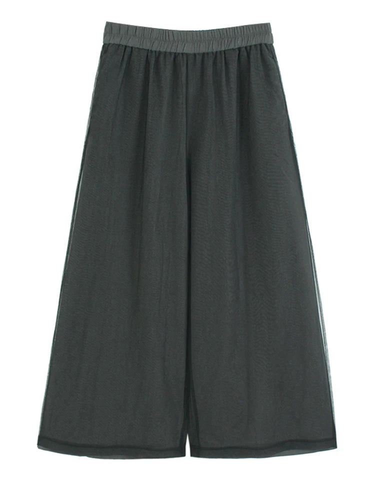 High Elastic Waist Gray Mesh Spliced Casual Wide Leg Pants New Trousers Women Fashion Tide Spring Autumn 20251DJ1438