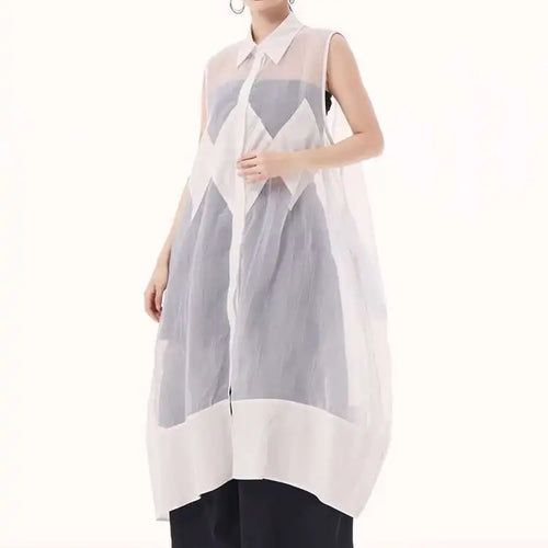 Load image into Gallery viewer, Women Black Mesh Perspective Big Size Long Shirt Dress New Lapel Sleeveless Fashion Tide Spring Summer 2025 1DH9517
