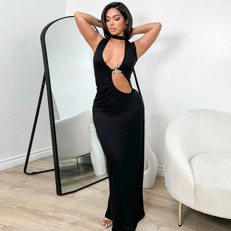 Hollow Out Halter Sexy Maxi Dress Women Summer New Metal Decoration Sleeveless Slim High Waist Long Dress Elegant