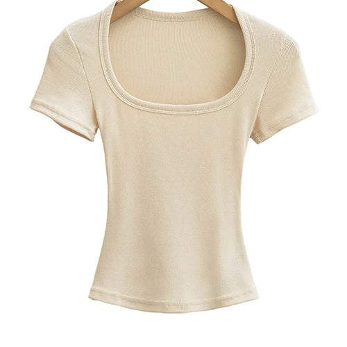 Load image into Gallery viewer, Square Collar High Stretch Summer Crop Tops Women Short Sleeve Tops Sexy Pullover Bottoming Blouses Slim T-shirt
