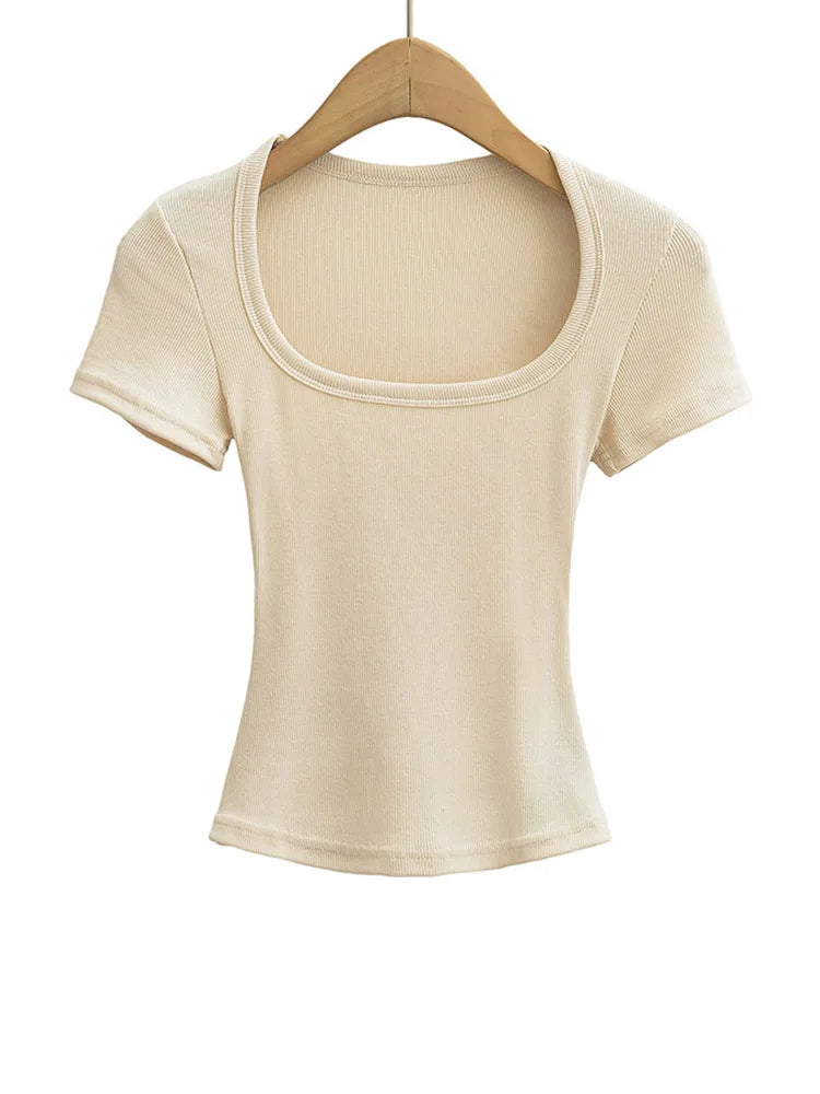 Square Collar High Stretch Summer Crop Tops Women Short Sleeve Tops Sexy Pullover Bottoming Blouses Slim T-shirt