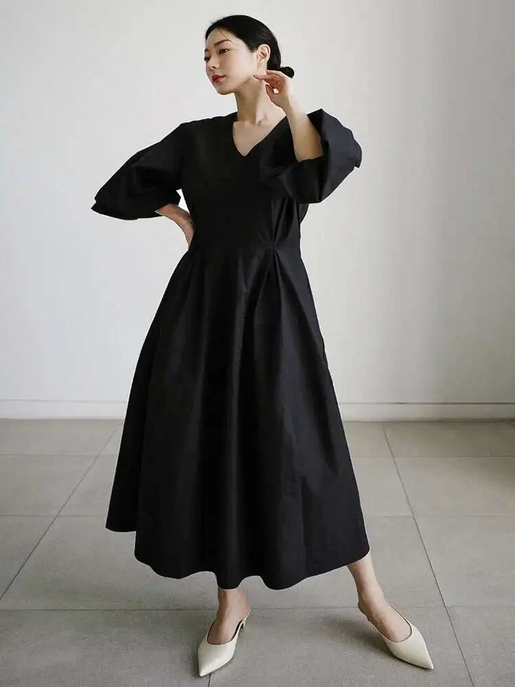 Women Kahki Elegant Big Size Long Dress New V-Neck Long Lantern Sleeve Loose Fit Fashion Tide Spring Autumn 2025  1DH0488