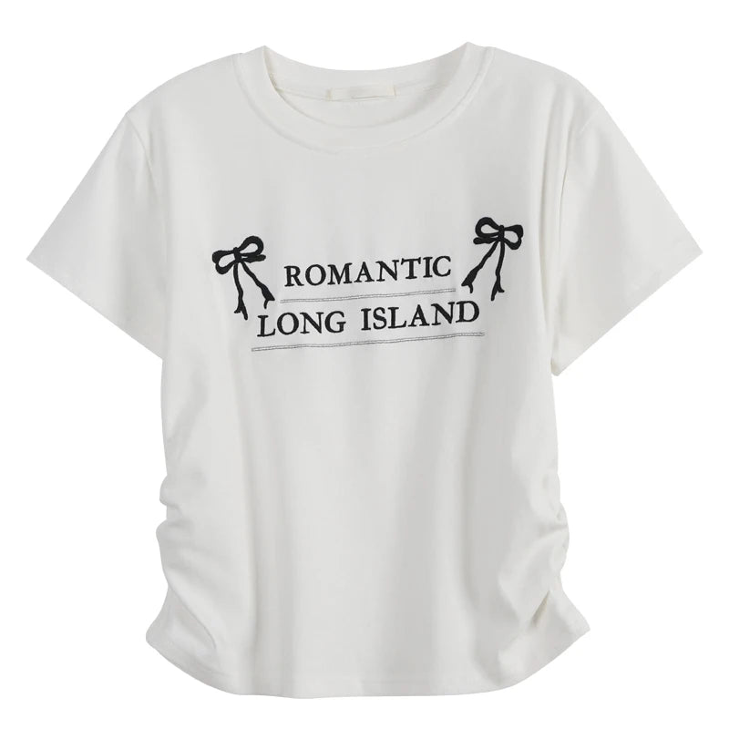 Short Sleeve Y2k Tops Tshirts for Women Embroidery Butterfly O-neck Summer Tees Crop T Shirts Tunic Folds Casual Fashion T-shirt