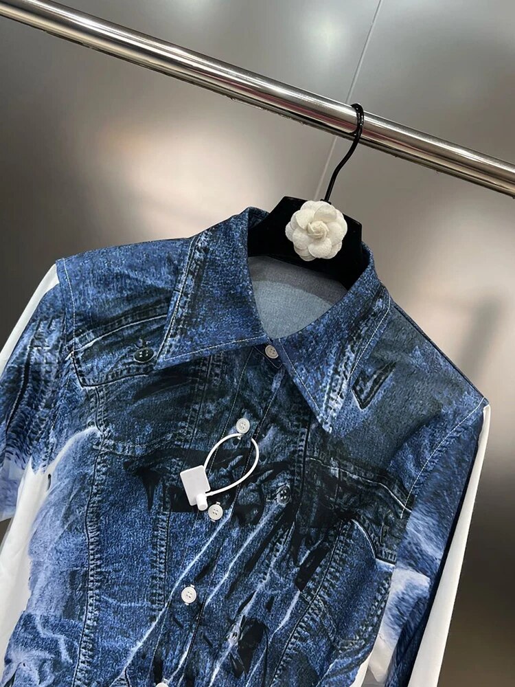 Hit Color Printing Denim Shirt For Women Lapel Long Sleeve Spliced Single Breasted Casual Blouse Female Fashion
