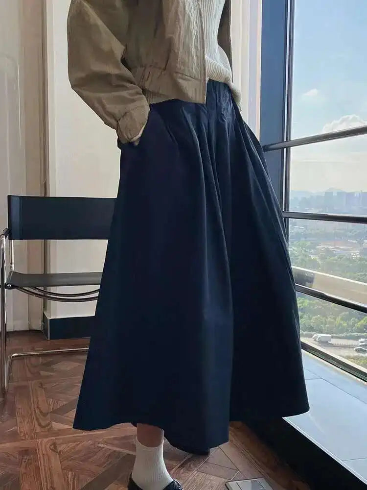 High Elastic Waist Khaki Pleated Causal Half-body Skirt Loose Fit Women Fashion Tide New Spring Autumn 2025 1DH0004
