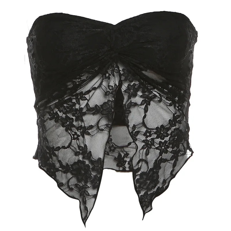 y2k Tube Top Women Fairy Coquette Clothing Solid Color Off Shoulder Strapless Asymmetrical Hem Lace Bandeau 2000s Vest