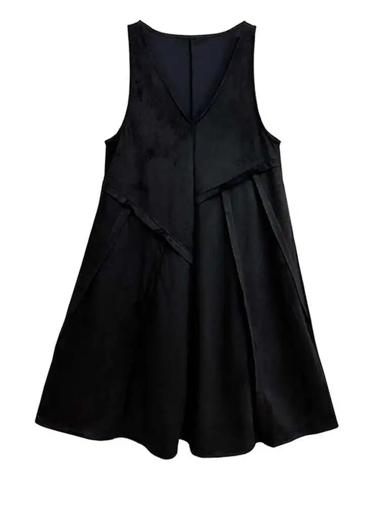 Women Black Irregular Spliced Big Size Long Strap Dress New V-Neck Sleeveless Fashion Tide Spring Autumn 2025 1DH7700