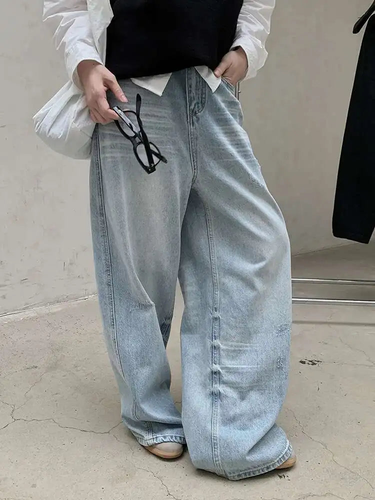 High Waist Light Blue Pocket Denim Long Casual Wide Leg Jeans New Women Trousers Fashion Tide Spring Autumn 2025 1DH8352