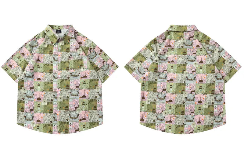 Men Harajuku Hawaiian Shirt Streetwear Graphic Printed Button Up Beach Summer Blouse Hip Hop Casual Baggy Short Sleeve Shirts