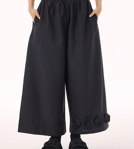 High Elastic Waist Black Three-dimensional Flower Wide Leg Pants New Trousers Women Fashion Spring Autumn 2025 1DH9426
