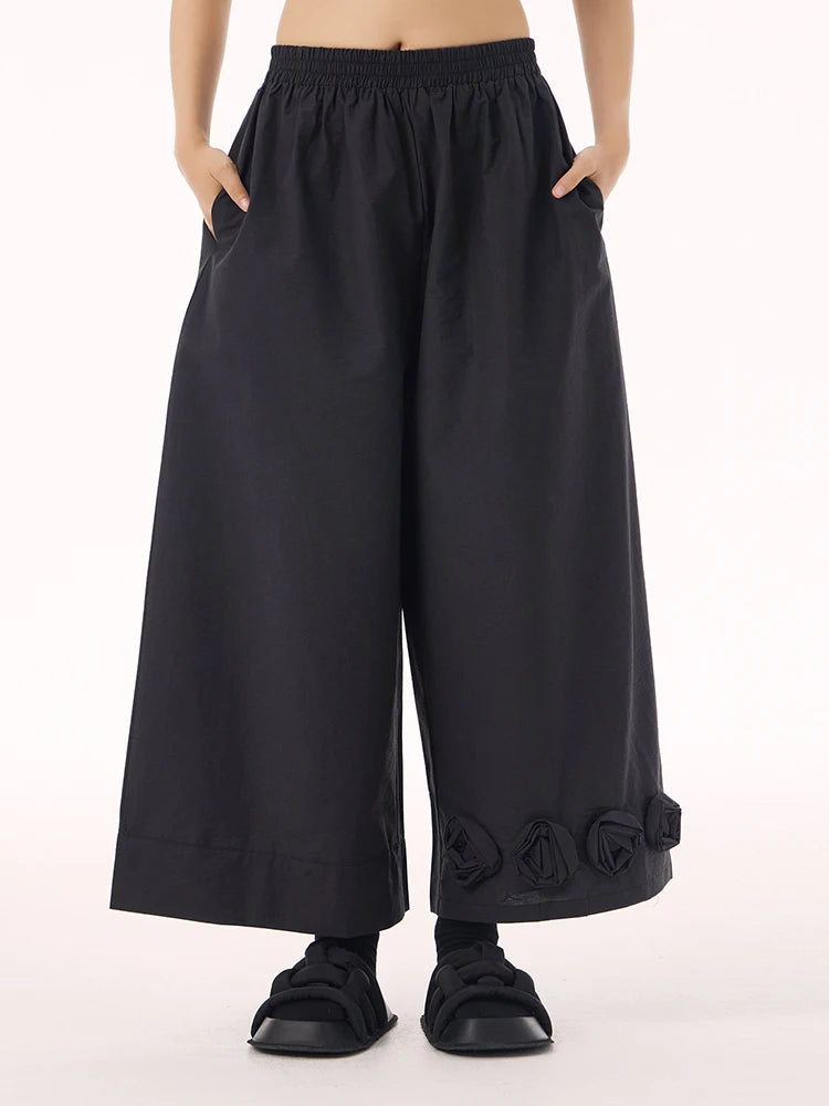 High Elastic Waist Black Three-dimensional Flower Wide Leg Pants New Trousers Women Fashion Spring Autumn 2025 1DH9426