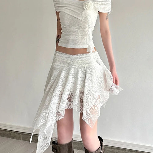 Load image into Gallery viewer, Y2k Aesthetic Lace Jacquard Vintage Tees 2025 Streetwear Fairy Slash Neck Cropped Tshirts Women Harajuku Grunge 3D Flower Tops
