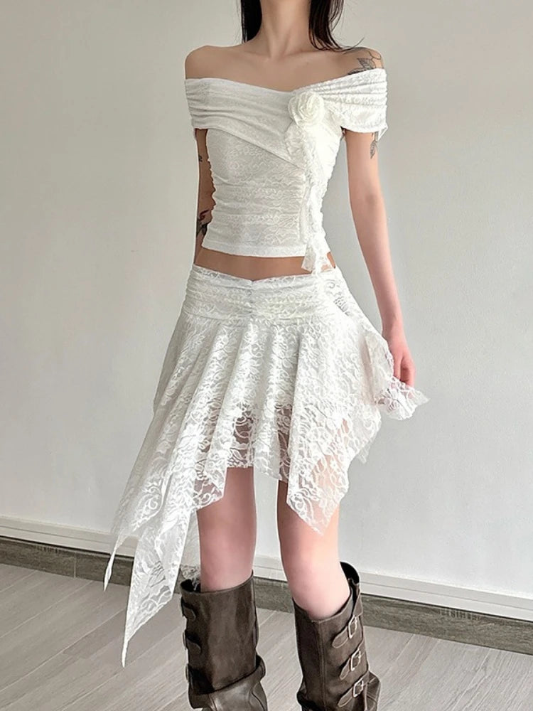 Y2k Aesthetic Lace Jacquard Vintage Tees 2025 Streetwear Fairy Slash Neck Cropped Tshirts Women Harajuku Grunge 3D Flower Tops
