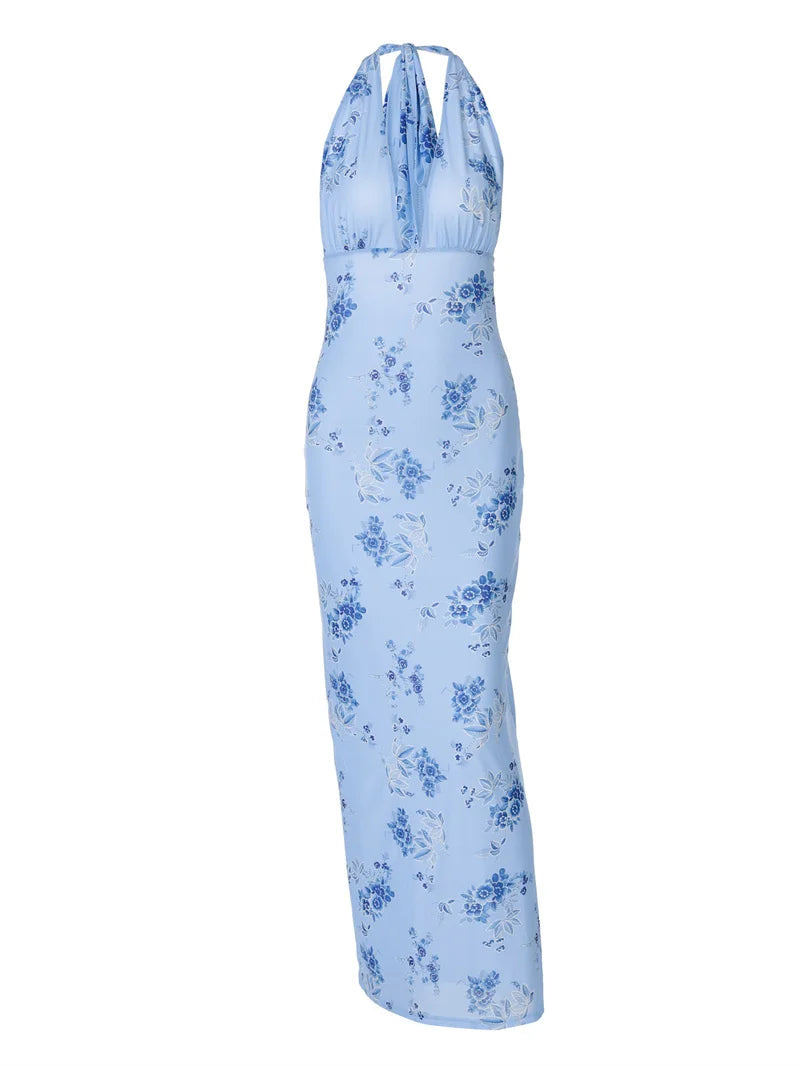 Summer Backless Print Maxi Dress Women Beach Holiday Gown Elegant Halter Deep V Neck Sleeveless Bodycon Long Dress
