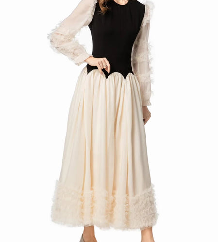 Slimming Spliced Fungus Folds Fashion Dresses for Women Round Neck Long Sleeves Temperament Dress Female Clothing