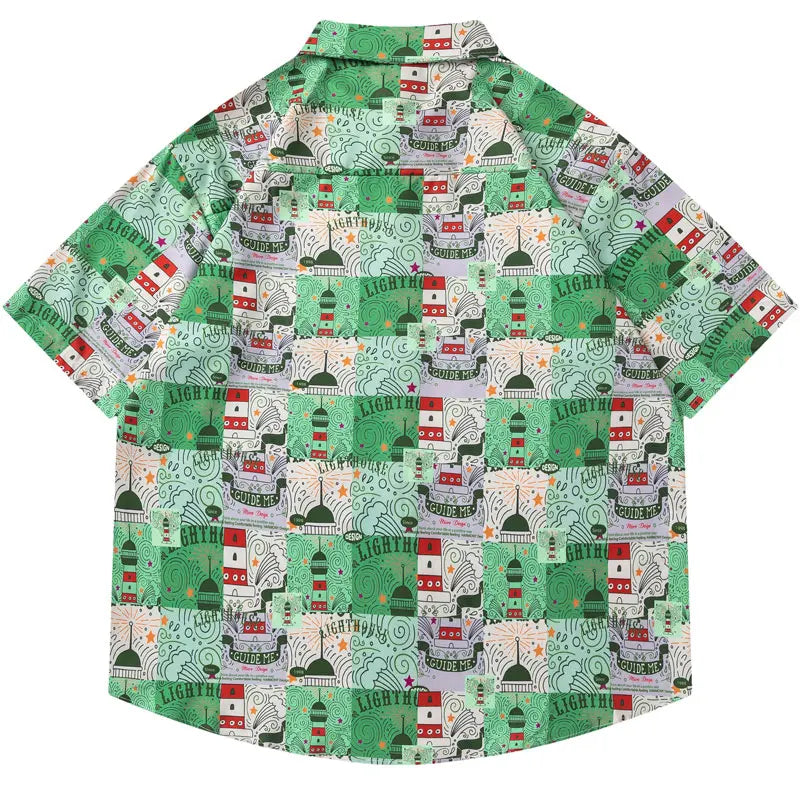 Men Harajuku Hawaiian Shirt Streetwear Graphic Printed Button Up Beach Summer Blouse Hip Hop Casual Baggy Short Sleeve Shirts