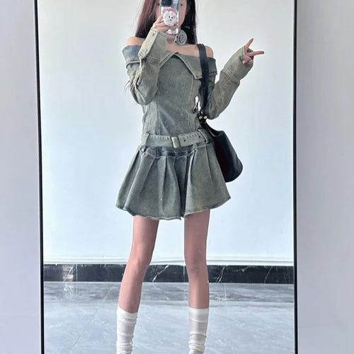 Load image into Gallery viewer, American Vintage Chic Slash Neck Long Sleeved Female Mini Dress Spring Basic Washed Fashion Denim Casual Simple Women Sexy Dress
