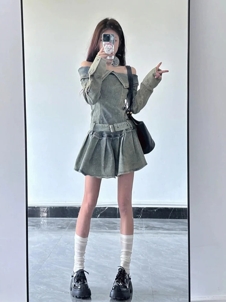 American Vintage Chic Slash Neck Long Sleeved Female Mini Dress Spring Basic Washed Fashion Denim Casual Simple Women Sexy Dress