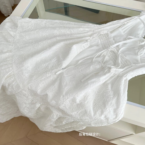 Load image into Gallery viewer, French White Flower Lace Backless Vacation Long Dress Summer Sexy V-neck High Waist Party Elegant Sleeveless Ruffles Dress Women
