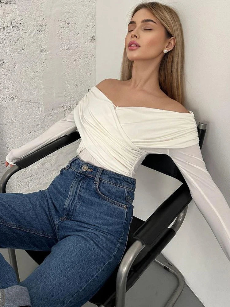 Sexy Mesh Patchwork Long Sleeved Bodysuit Women V-neck Pleated Slim Elastic Jumpsuit Female Fashion Party Club Rompers