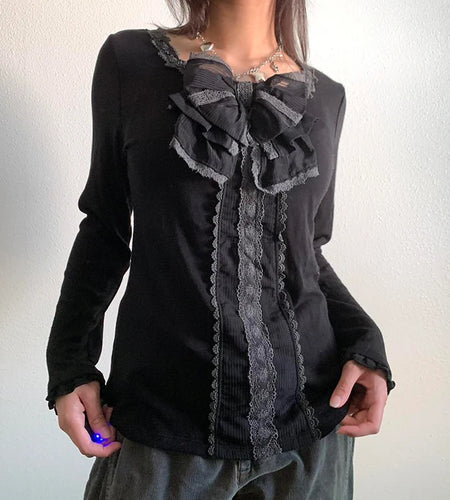 Chic Vintage Lace Trim Y2K Top Women Clothing Gothic Korean Fashion Pullover Bow Cute Autumn T shirt Preppy Style