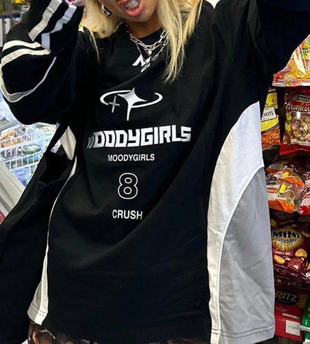 Harajuku Print Oversize T-shirts Female Casual Patchwork Autumn Pullover Top Moto&Biker Style Sweat Shirts Contrast