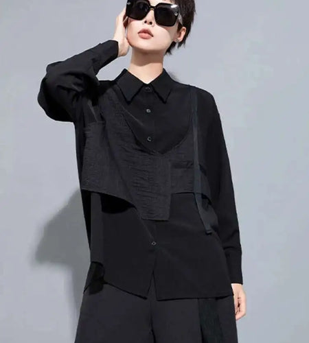 Women Black Irregular Pleated Big Size Blouse New Lapel Long Sleeve Loose Fit Shirt Fashion Spring Autumn 2025 1DH0995