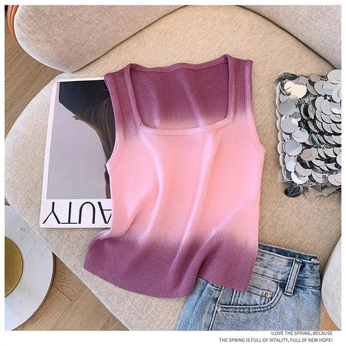 Load image into Gallery viewer, Korean Vintage Elegant Square-neck Gradient Knit Vest Summer Casual Sleeveless Short Tank Tops Women's Holiday Clothing Vestidos
