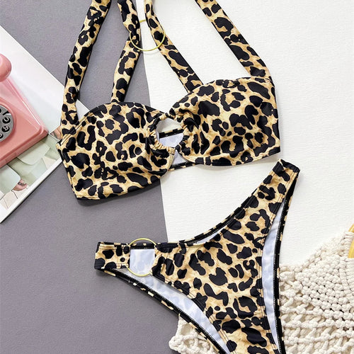 Load image into Gallery viewer, Leopard Print Bikini Set with Ring Thong Swimsuit 2024 Halter Women Swimwear Hollow Out Two-pieces Bathing Suit
