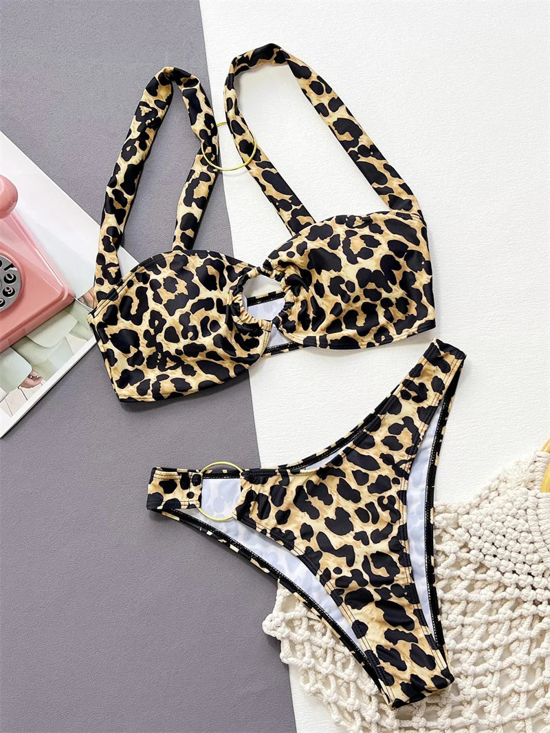 Leopard Print Bikini Set with Ring Thong Swimsuit 2024 Halter Women Swimwear Hollow Out Two-pieces Bathing Suit