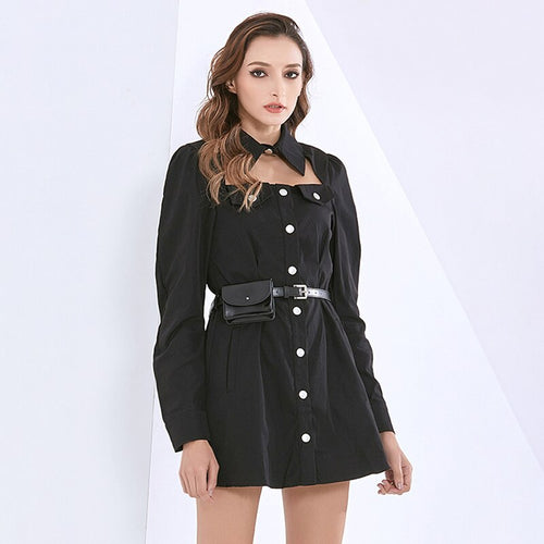 Load image into Gallery viewer, Hollow Out Solid Dresses For Women Lapel Long Sleeve High Waist Tunic Spliced Button Dress Female Fashion Clothing
