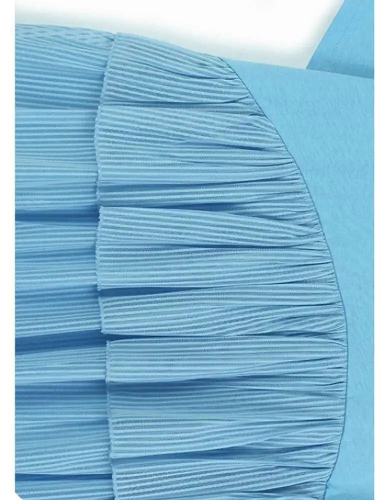 Women Blue Back Mesh Ruffles Big Size Casual T-shirt New Round Neck Short Sleeve Fashion Tide Spring Summer 2025 1DJ0181