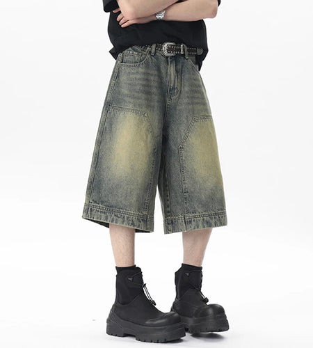 Men's Denim Shorts New American High Street Multi Pockets Design Pathwork Style Handsome Male Bottoms Summer 9W1661