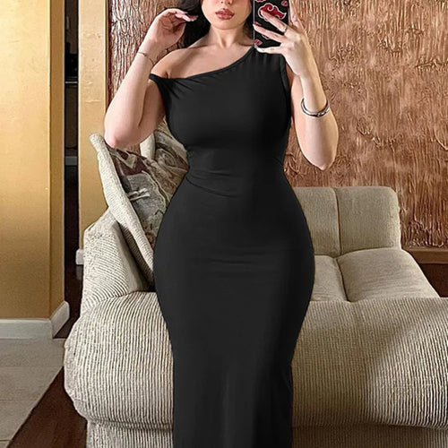 Load image into Gallery viewer, Inclined Shoulder Backless Slit Maxi Dress For Women Fashion Diagonal Collar Sleeveless Bodycon Sexy Long Dress Elegant
