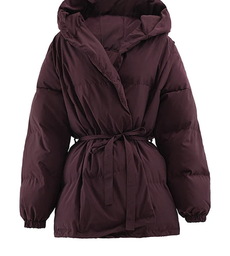 Wine Red Belted Big Size Warm Cotton-padded Coat Long Sleeve Women Parkas Fashion Tide New Autumn Winter 2025 2AA4243