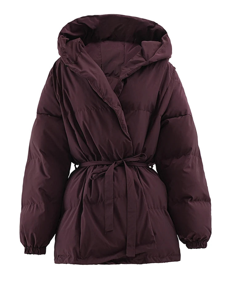 Wine Red Belted Big Size Warm Cotton-padded Coat Long Sleeve Women Parkas Fashion Tide New Autumn Winter 2025 2AA4243