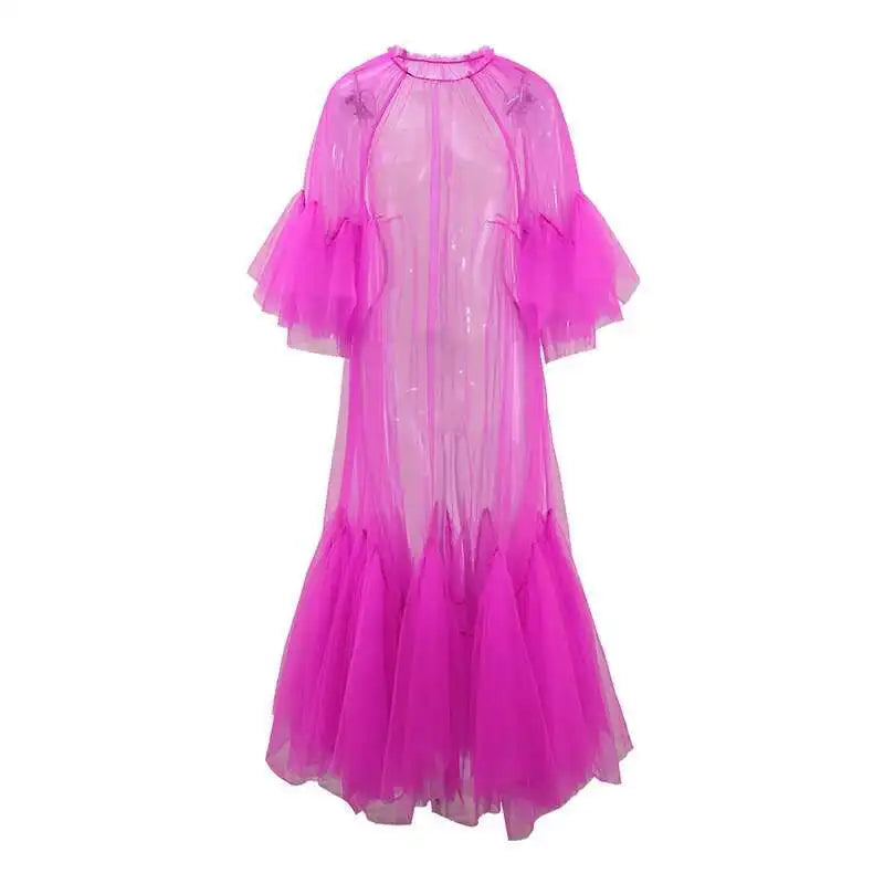 Women Purple Ruffles Mesh Perspective Big Size Long Dress New Round Neck Half Sleeve Fashion Spring Summer 2025 JR7711