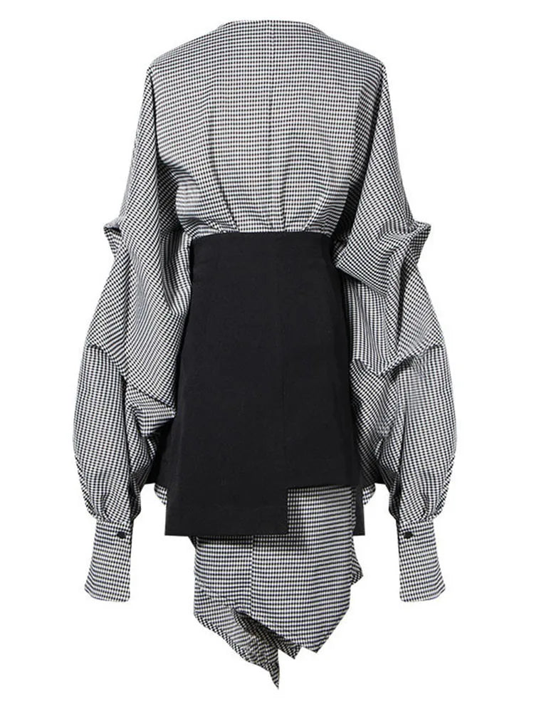 Women Black Plaid Irregular Stitch Big Size Dress New V-Neck Long Sleeve Loose Fit Fashion Tide Spring Autumn 2025 JG892