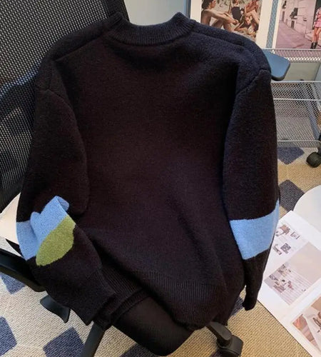 Y2k Vintage Women Black Patchwork Sweater Fashion Round Neck Loose Pullover Knitwear Tops Autumn Winter Streetwear Harajuku Chic