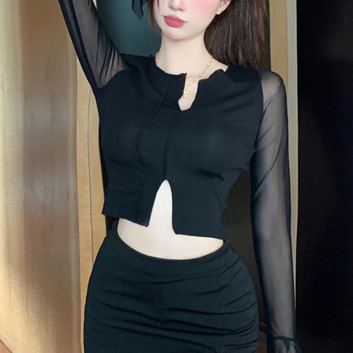 Load image into Gallery viewer, y2k Aesthetic Tops for Women Sexy Sheer See Through V Neck Long Sleeve Slit Hem Mesh T Shirt 2000s Clothing Streetwear
