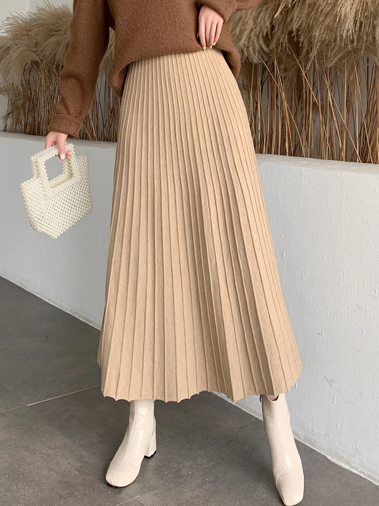 Knitted Long Maxi Skirt Women 2023 Fall Winter Casual Solid Thick Warm A Line High Waist Ankle Length Skirt Female Ladies