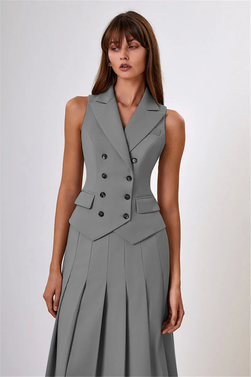 Autumn Two Piece Sets Women Double-breasted Vest And Split Skirt Matching Sets Fashion Long Pleated Skirt Two Piece Set