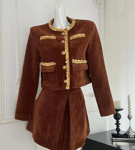 Vintage Women Brown Sequin Long Sleeve Single Breasted Coat And High Waist Pleated Short Skirt 2024 Autumn Winter Two Piece Sets